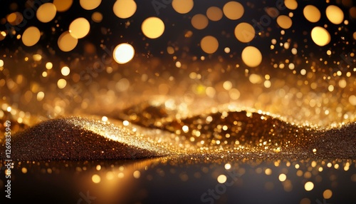 a black surface covered in glittering gold sparkles with a soft blurred background of golden bokeh lights