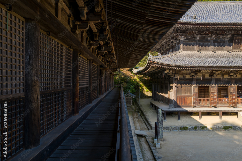 Fototapeta premium The Three Halls around the Engyoji Maniden in Himeji in Asia, Japan, Kansai, Himeji, in summer, on a sunny day.