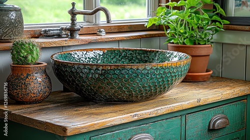 Rustic green ceramic sink, wooden vanity, plants photo
