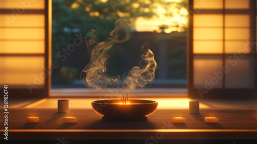 A serene and mystical scene with delicate incense smoke swirling gracefully through the air. A traditional Japanese incense burner (koro) sits on a finely crafted wooden table photo