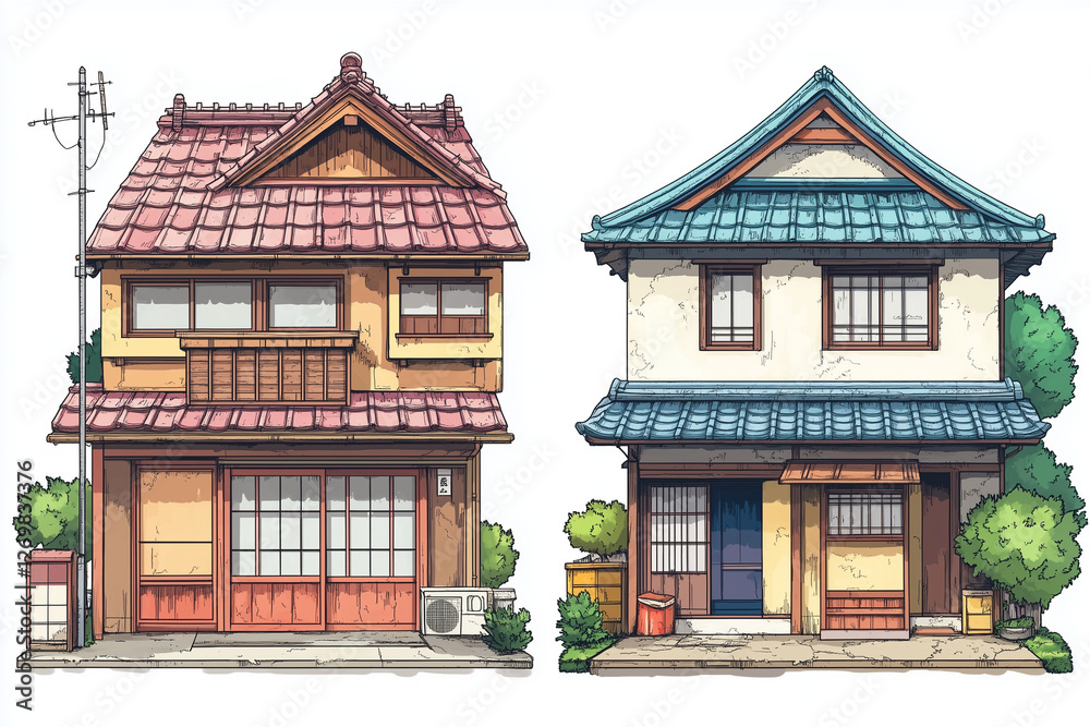 A Sprite Sheet of Colorful Painterly Multifamily Japanese Homes A Sprite Sheet of Colorful Painterly Multifamily Japanese Homes