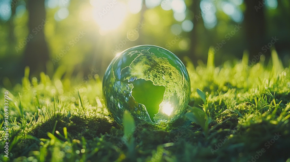 Globe glass on green grass in forest with sunlight symbolizing Earth Day, saving the environment, and promoting sustainability. Concept of modern environmental protection Globe glass on green grass in forest with sunlight symbolizing Earth Day, saving the environment, and promoting sustainability. Concept of modern environmental protection