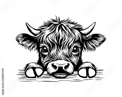 Baby Highland Cow Peeking. Highland cow head. Farm Animal. Vector illustration