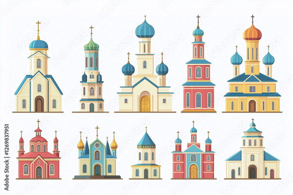 A Sprite Sheet of Colorful Painterly Russian Churches A Sprite Sheet of Colorful Painterly Russian Churches