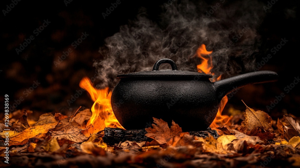 Black pot steaming over autumn bonfire. Black pot steaming over autumn bonfire.