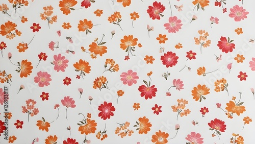 pattern of flowers. Lovely flowers against a white backdrop. printing little pink, red, and orange flowers. ditsy print. A bouquet for spring.Little orange and red flowers on a white background
