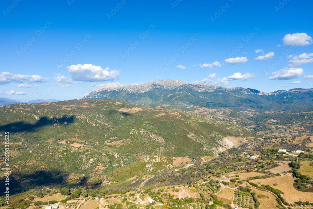Naklejka premium The countryside around Orgosolo in Europe, Italy, Sardinia, Orgosolo, in summer, on a sunny day.