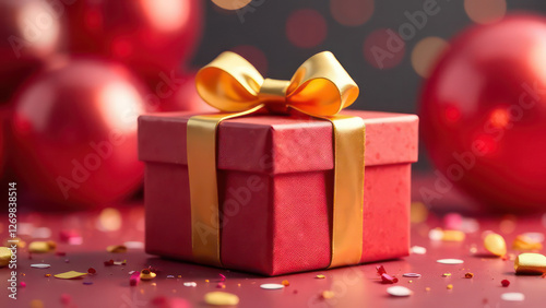 Luxury party gift box with golden ribbon bow on festive birthday background with balloons, confetti