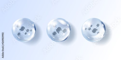 Transparent hyaluronic acid bubbles with molecule inside. Clear collagen drops. Cosmetic serum. Skin care product. 