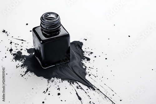 Black ink spills vibrant liquid on a smooth white surface, forming an abstract masterpiece isolated on transparent background