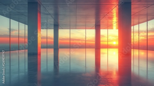 Modern Empty Office Space With Sunset Reflection and Panoramic View