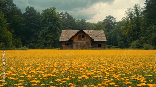 Rustic wooden house in field of yellow flowers, forest background; idyllic nature scene photo