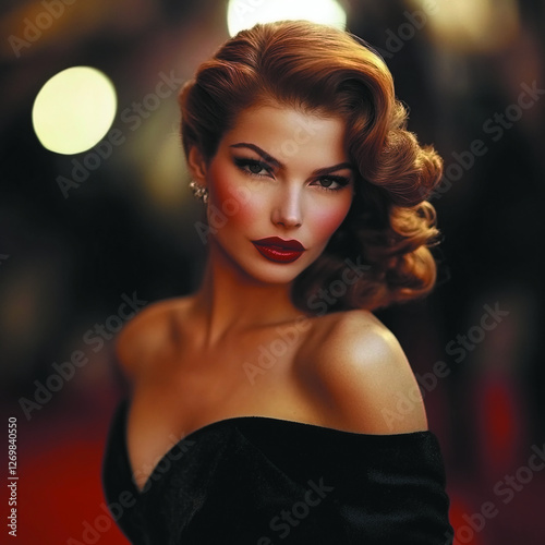 Elegant woman with vintage red hair in glamorous waves, wearing a black off-shoulder evening dress, posing on a red carpet with cinematic lights. Classic Hollywood starlet look with bold makeup.