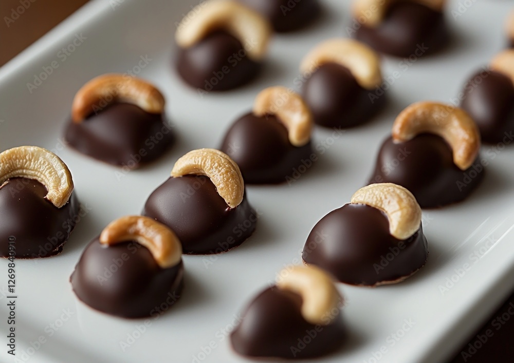 cashews half dipped in dark chocolate, placed neatly on a white ceramic plate cashews half dipped in dark chocolate, placed neatly on a white ceramic plate