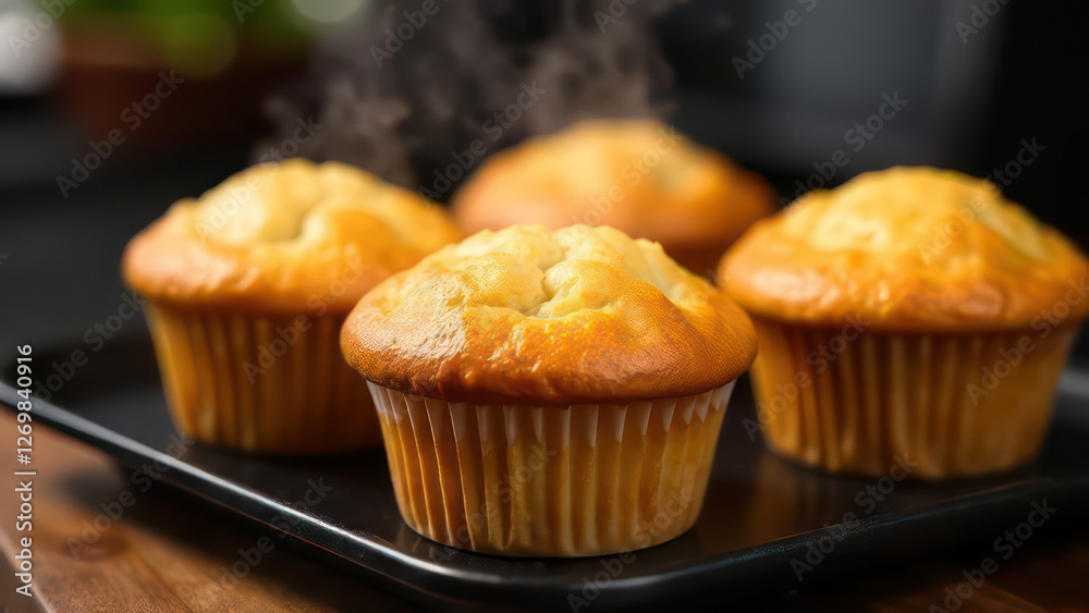 Fresh hot homemade delicious muffins are taken out of the oven witn steam the kitchen table Fresh hot homemade delicious muffins are taken out of the oven witn steam the kitchen table