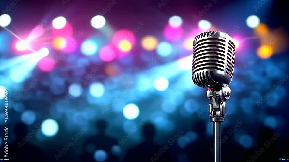 A retro-style microphone sharply contrasted against a bokeh background of vibrant stage lights, ideal for showcasing the fun and energy of an open mic or karaoke night