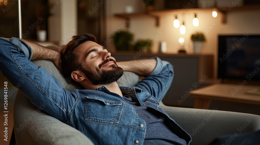 Happy man relaxing on a chair in a cozy living room, daydreaming Happy man relaxing on a chair in a cozy living room, daydreaming