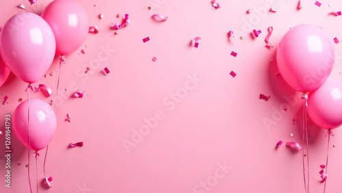 Pink festive birthday party background with balloons, confetti