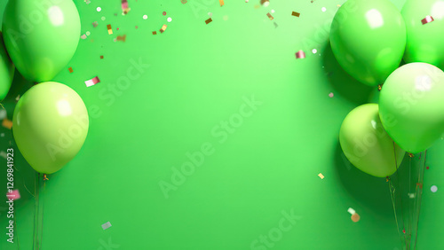 Green festive birthday party background with balloons, confetti