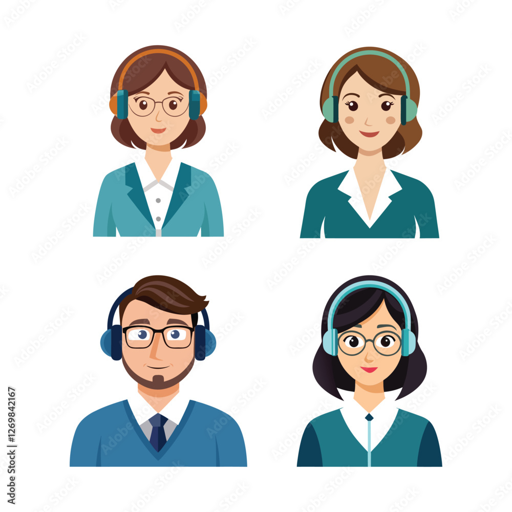 Vector: Adult people, men and women, with headphones on their heads. Generated by ai Vector: Adult people, men and women, with headphones on their heads. Generated by ai