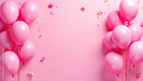 Pink festive birthday party background with balloons, confetti