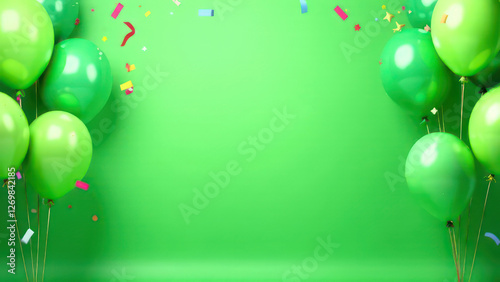 Green festive birthday party background with balloons, confetti