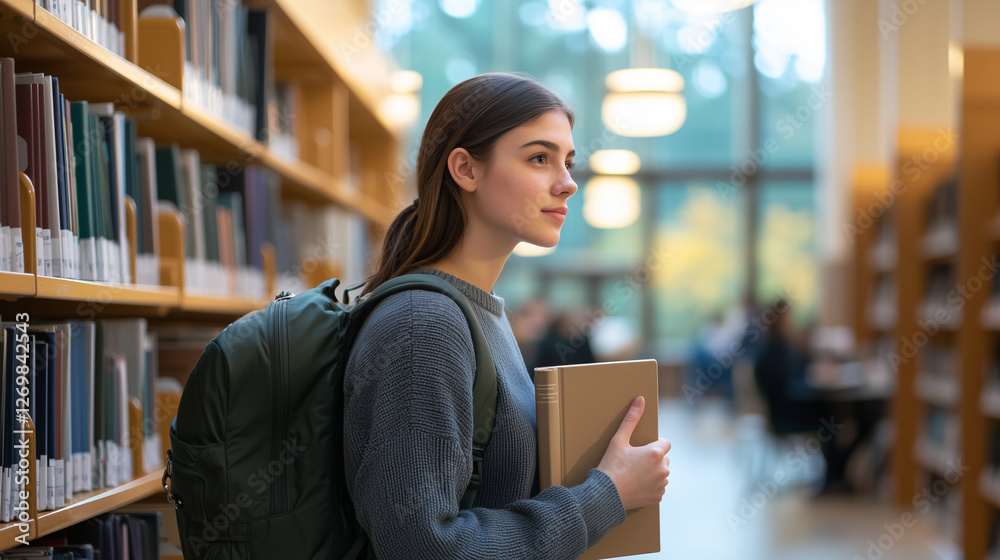 Focused female student in university library searching books Focused female student in university library searching books