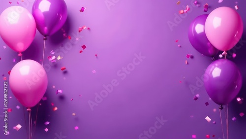 Purple festive birthday party background with balloons, confetti