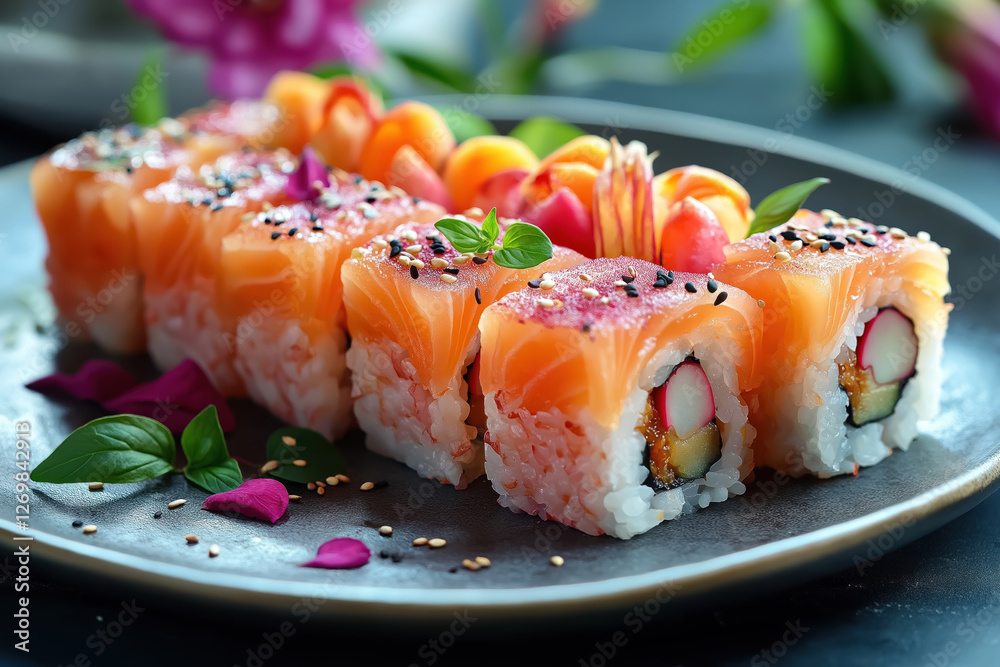 an array of sushi rolls topped with fresh salmon, colorful roe, and garnished with edible flowers and herbs an array of sushi rolls topped with fresh salmon, colorful roe, and garnished with edible flowers and herbs