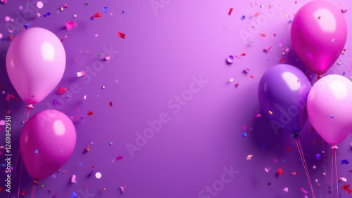 Purple festive birthday party background with balloons, confetti