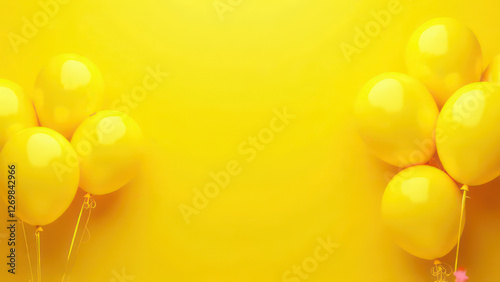 Yellow festive birthday party background with balloons, confetti