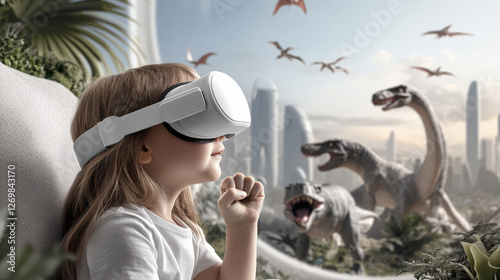 A child wearing a VR headset surrounded dinosaurs in a vivid Jurassic world.