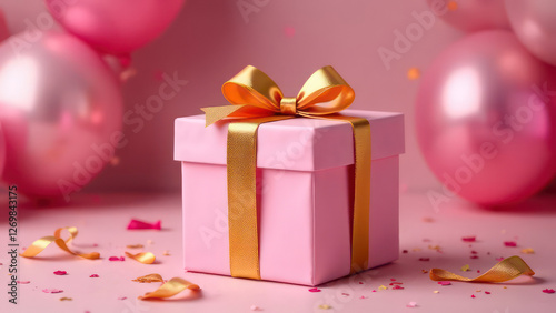 Luxury party pink gift box with golden ribbon bow on festive birthday background with balloons, confetti 