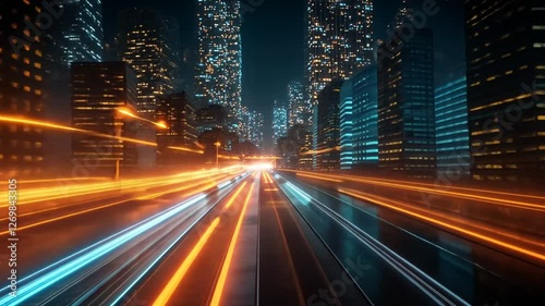 Night city highway speed light streaks