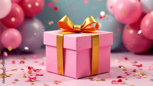 Luxury party pink gift box with golden ribbon bow on festive birthday background with balloons, confetti 