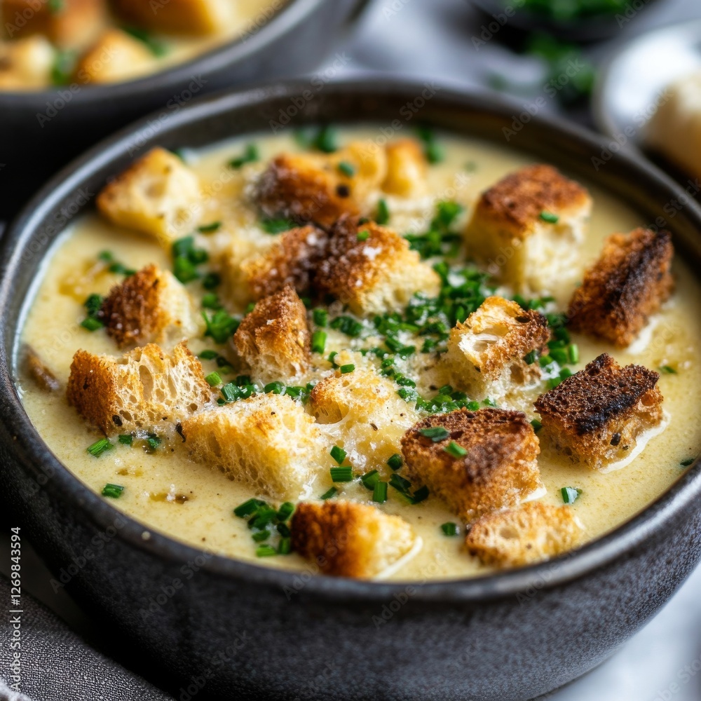 Easy to make creamy garlic soup topped with croutons and chives Easy to make creamy garlic soup topped with croutons and chives