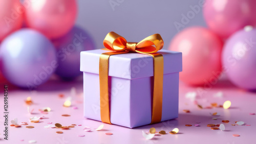 Luxury party lilac gift box with golden ribbon bow on festive birthday background with balloons, confetti 
