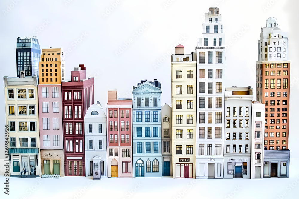 Fototapeta premium Colorful paper models of buildings on a white background