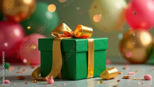 Luxury party green gift box with golden ribbon bow on festive birthday background with balloons, confetti
