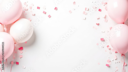 White festive birthday party background with balloons, confetti 