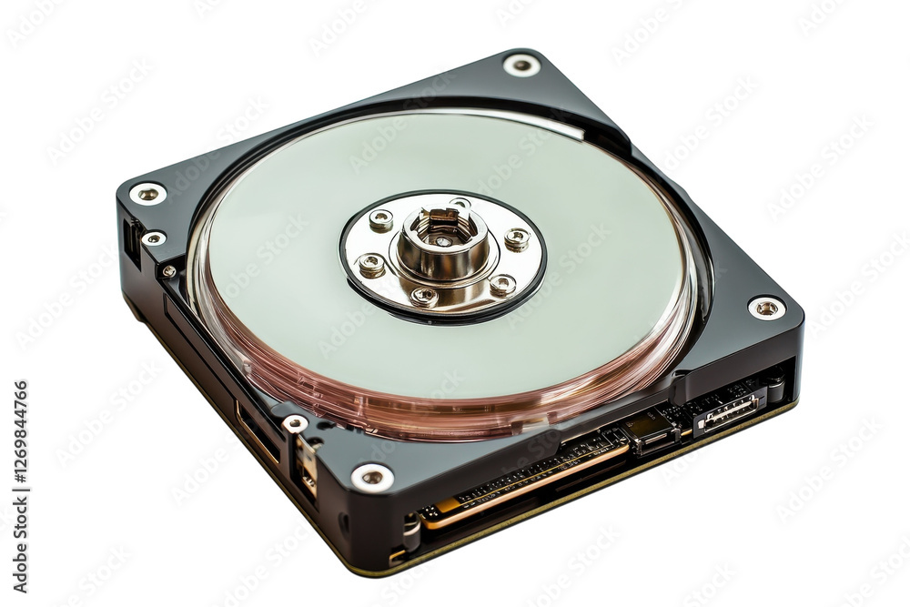 Exploring the intricate design of a hard disk drive showcasing its internal components isolated on transparent background Exploring the intricate design of a hard disk drive showcasing its internal components isolated on transparent background
