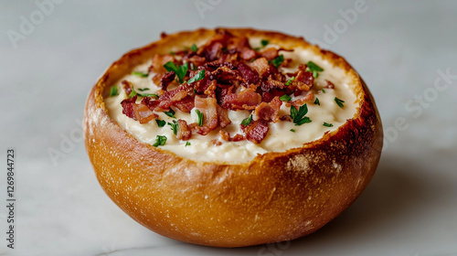 Creamy New England clam chowder nestled in crusty bread bowl, garnished with crispy bacon crumbles and chopped parsley
