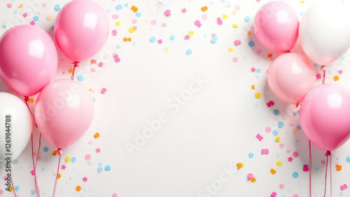 White festive birthday party background with balloons, confetti 