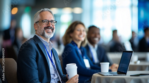 Colleagues networking at a modern conference center with smiles