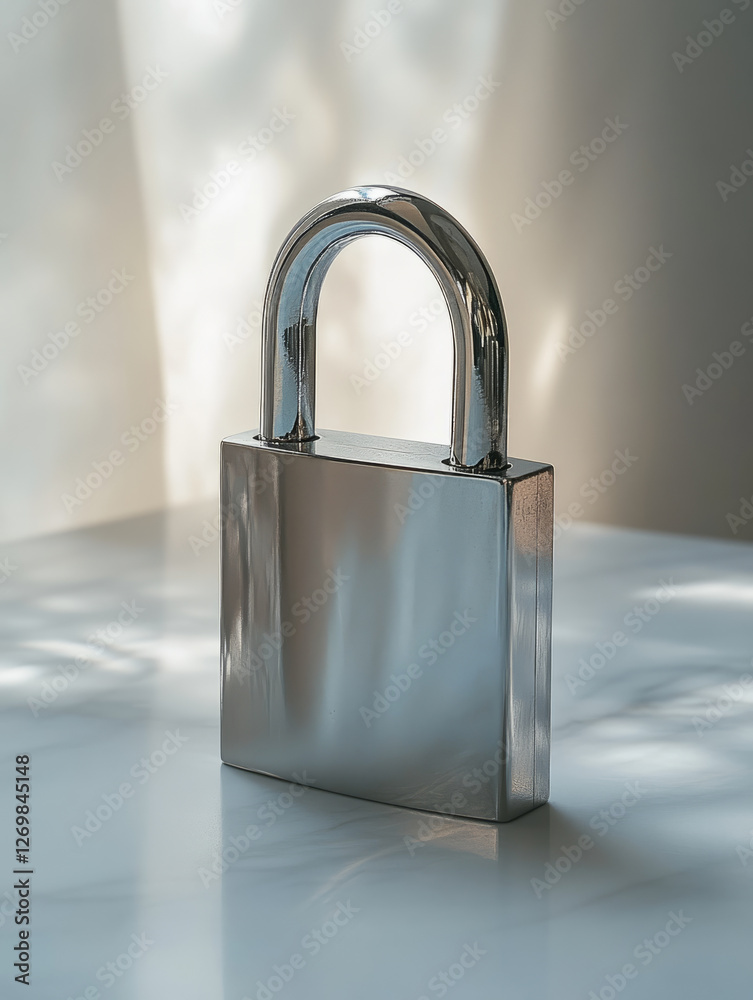 Fototapeta premium Padlock on a reflective surface with soft lighting