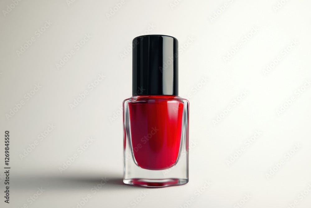 A striking close-up of a sleek red nail polish bottle with black cap set against a clean white backdrop, showcasing modern cosmetic beauty and simple elegance. A striking close-up of a sleek red nail polish bottle with black cap set against a clean white backdrop, showcasing modern cosmetic beauty and simple elegance.
