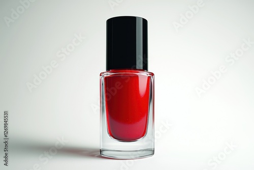 Elegant nail polish bottle with red color and black cap against soft white background, creating a modern minimalist still life composition with a subtle shadow.