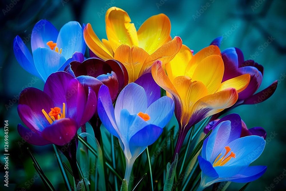 Colorful Crocus Flowers Arrangement in Purple Blue and Yellow Tones with Spring Bloom Colorful Crocus Flowers Arrangement in Purple Blue and Yellow Tones with Spring Bloom