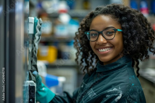 Wallpaper Mural Young laughing professional cleaning service woman, wearing eyeglasses, cleaning refrigerator in kitchen. Torontodigital.ca