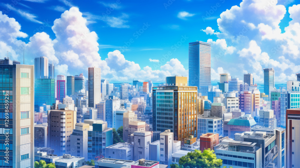 Vibrant anime cityscape under a bright blue sky with fluffy clouds Vibrant anime cityscape under a bright blue sky with fluffy clouds
